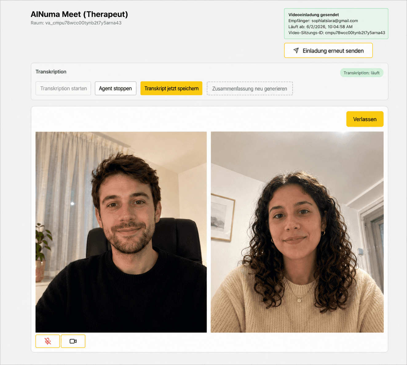 AINuma Meet-Videoberatung mit Therapeuten- und Patientenansicht, Sitzungssteuerung und Live-Transkription