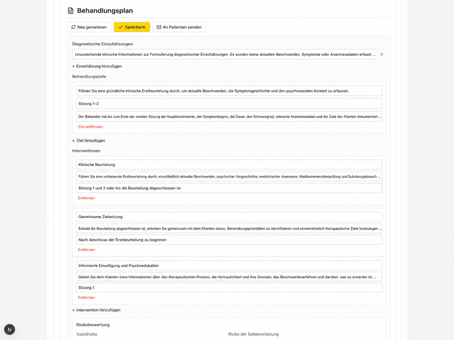 AINuma Behandlungsplan mit Zielen und Interventionen