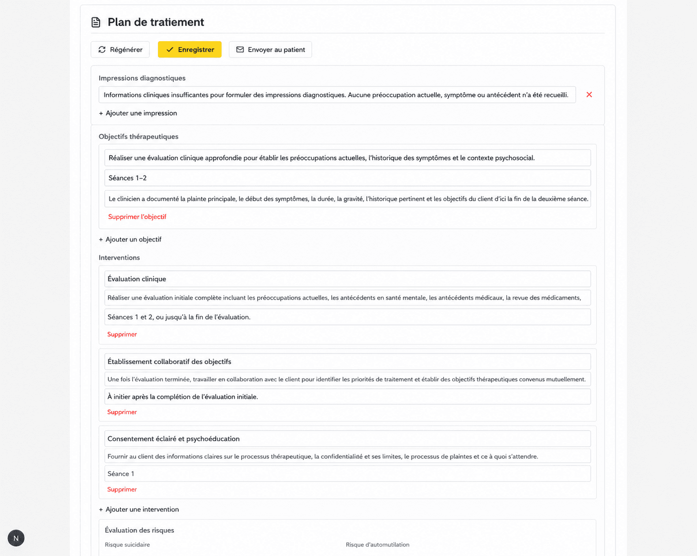 Document de plan de traitement AINuma avec objectifs et interventions