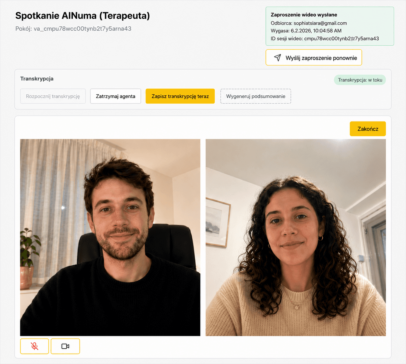 Wideokonsultacja AINuma Meet z widokami terapeuty i pacjenta, sterowaniem sesji i transkrypcją na żywo