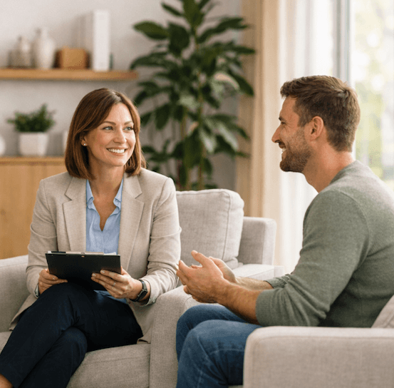 Therapist and patient in a warm, professional therapy session