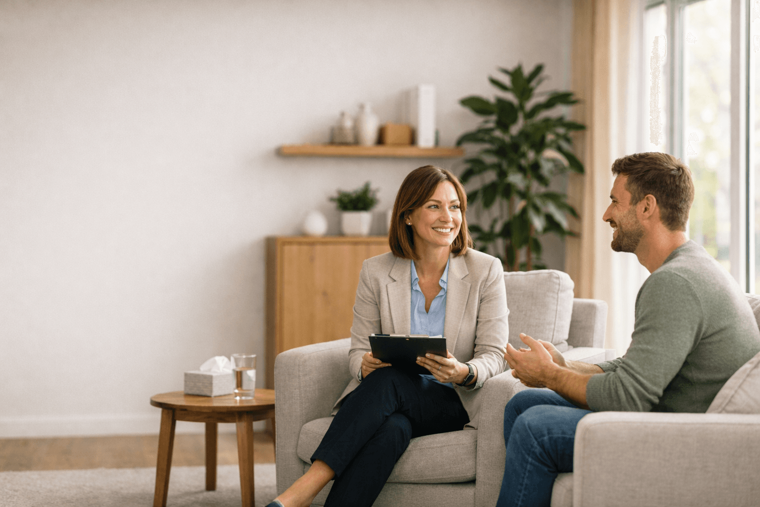 Therapist and patient in a warm, professional therapy session