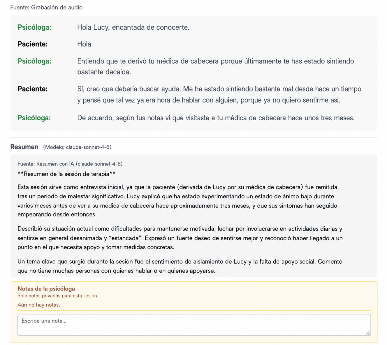 Resumen de sesión de AINuma y editor de notas