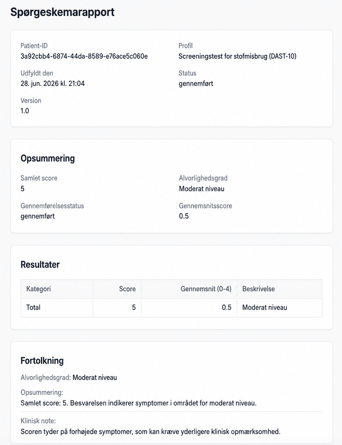 AINuma-spørgeskemarapport med AI-genererede anbefalinger ved siden af scorer