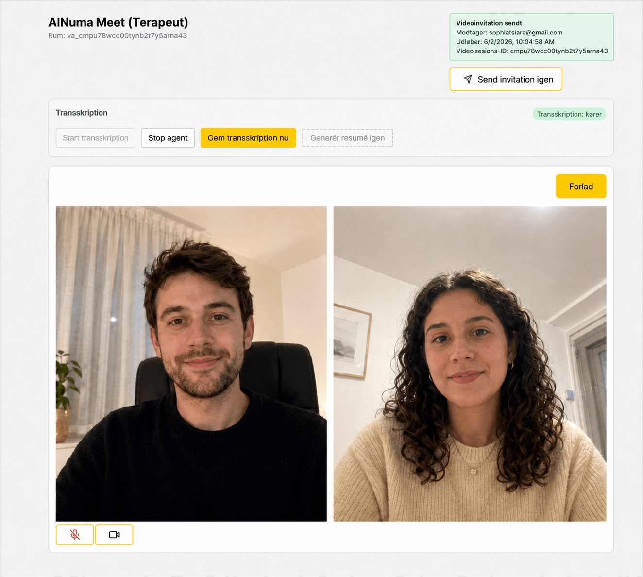 AINuma Meet video consultation with therapist and patient views, session controls, and live transcription