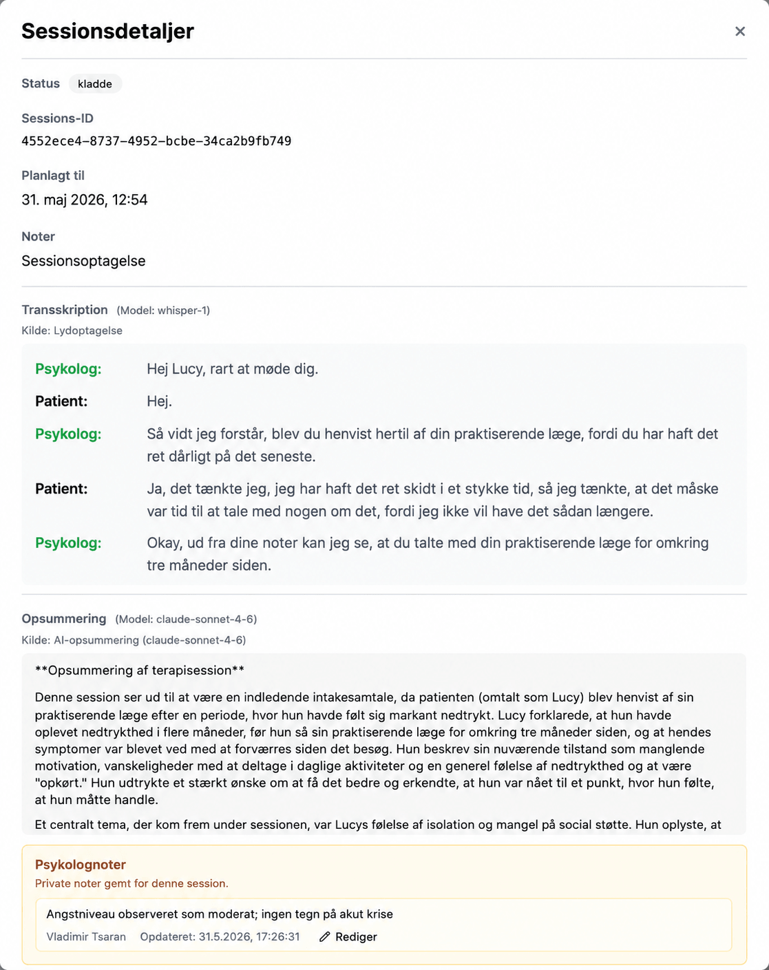 Eksportmuligheder for sessionsresumé i AINuma-brugerfladen