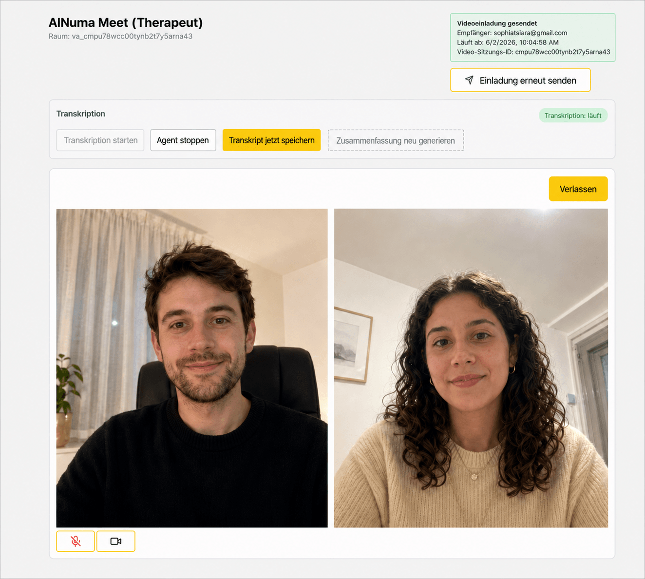 AINuma Meet video consultation with therapist and patient views, session controls, and live transcription