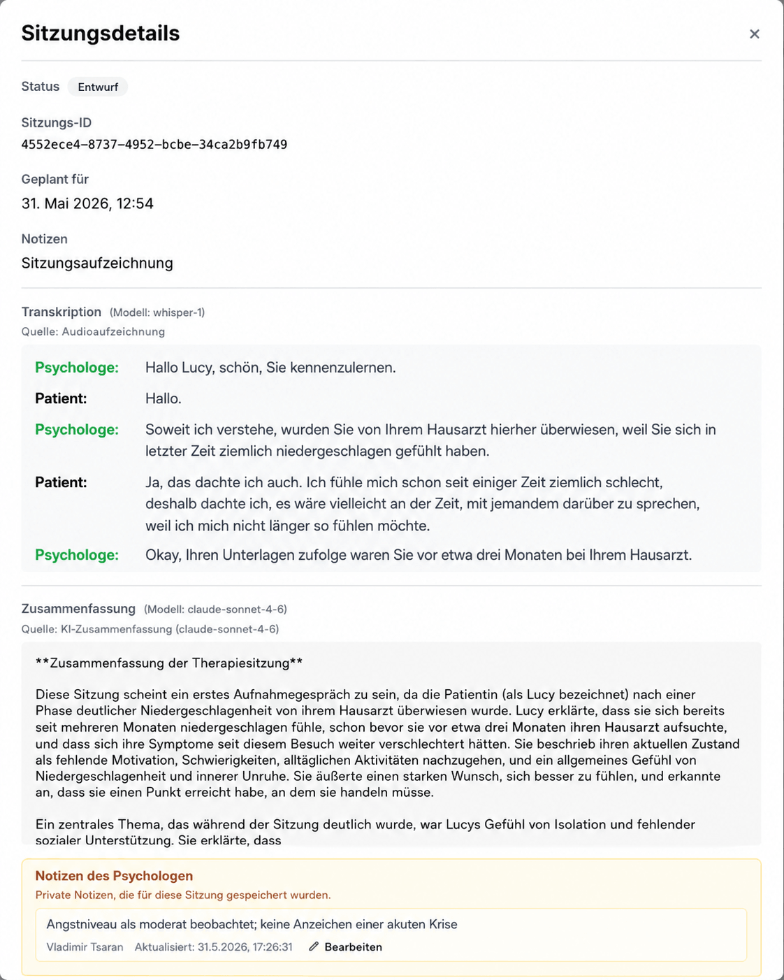 AINuma-Oberfläche mit Exportoptionen für Sitzungszusammenfassungen