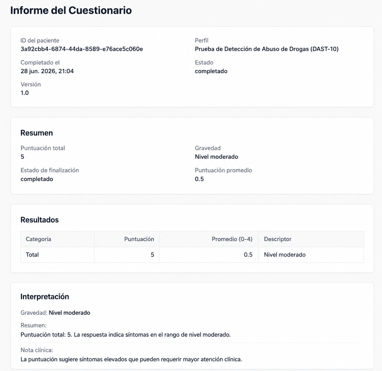 Informe de cuestionario de AINuma con recomendaciones generadas por IA junto a las puntuaciones