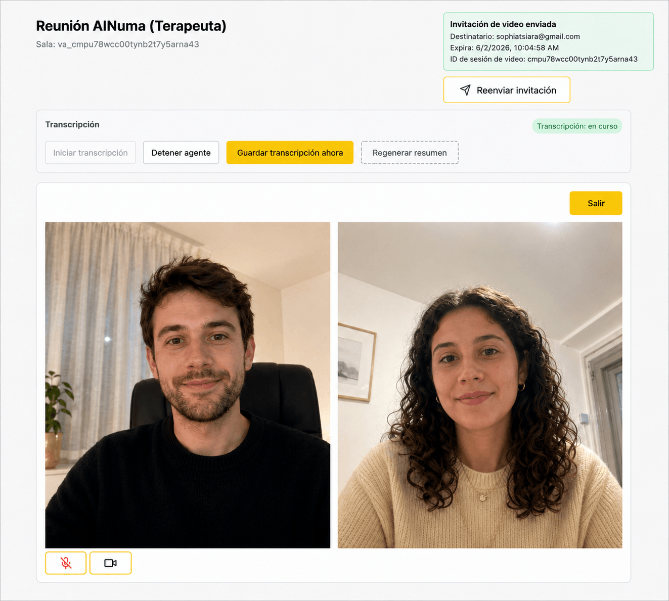 AINuma Meet video consultation with therapist and patient views, session controls, and live transcription