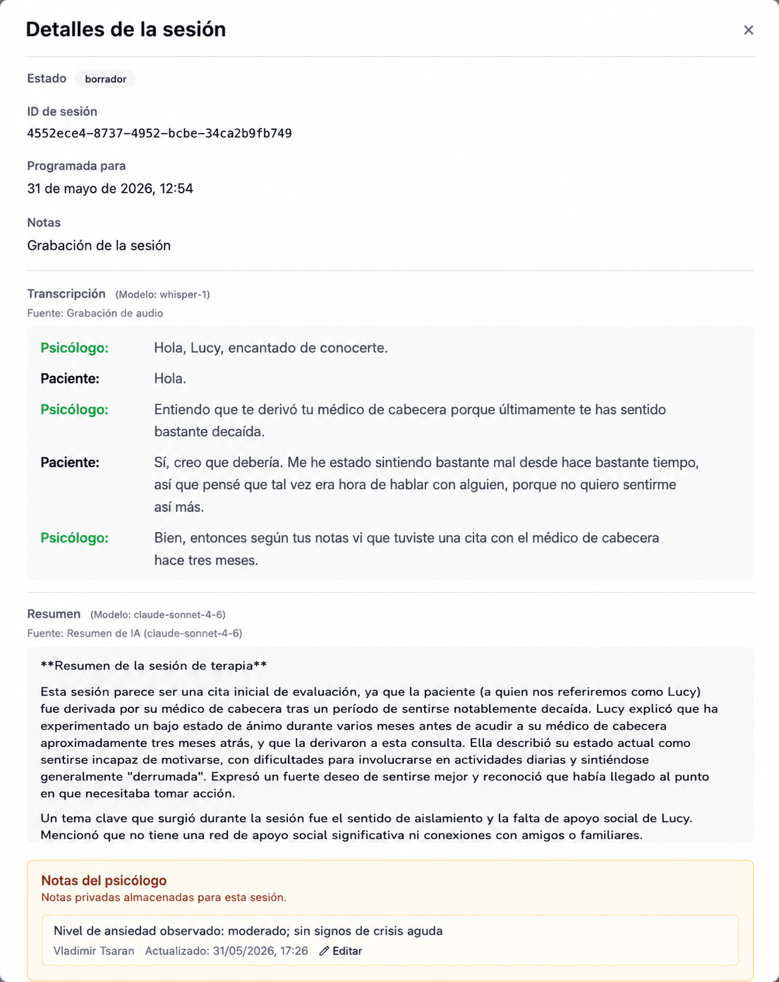 Opciones de exportación del resumen de sesión en la interfaz de AINuma