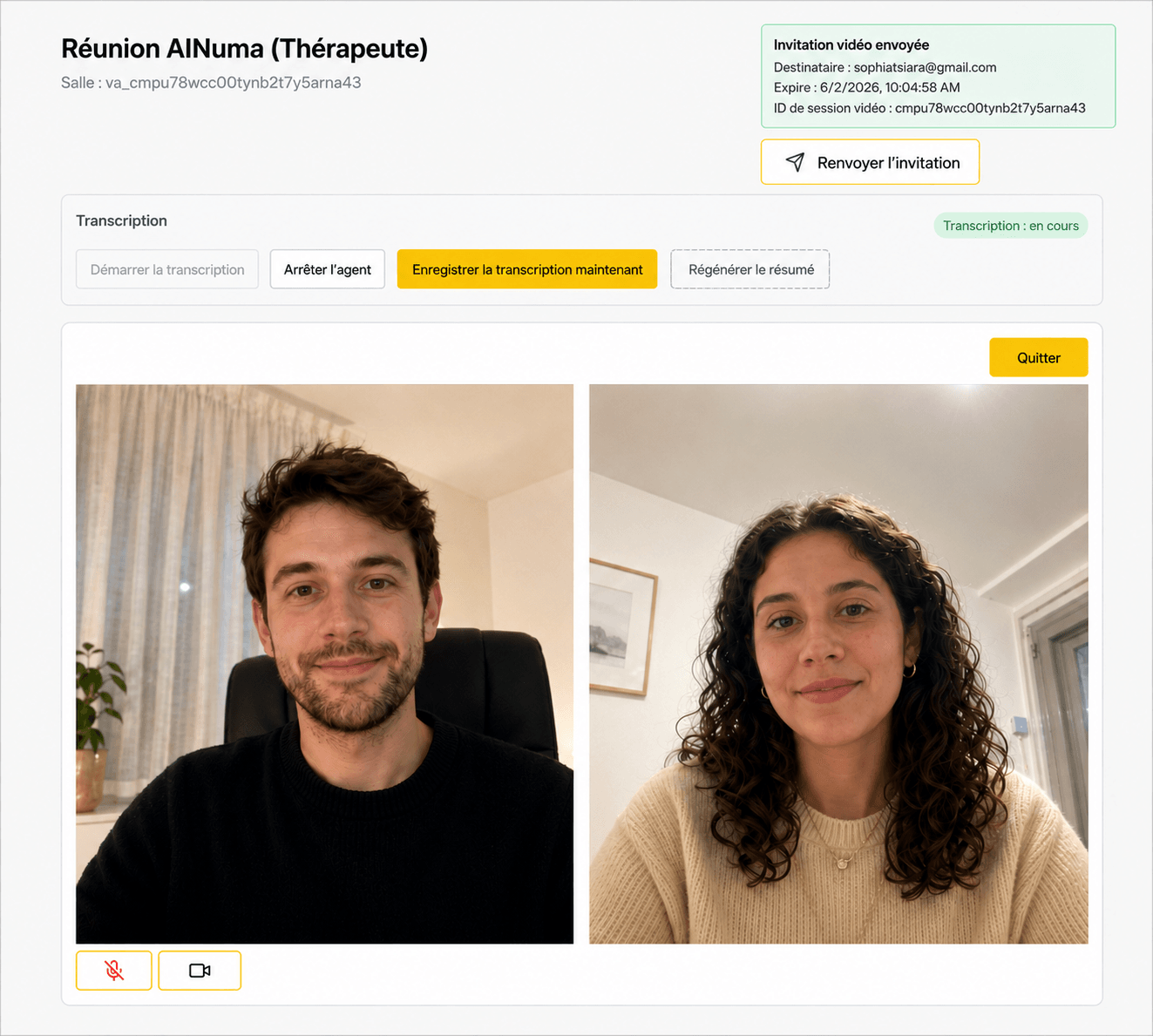 AINuma Meet video consultation with therapist and patient views, session controls, and live transcription