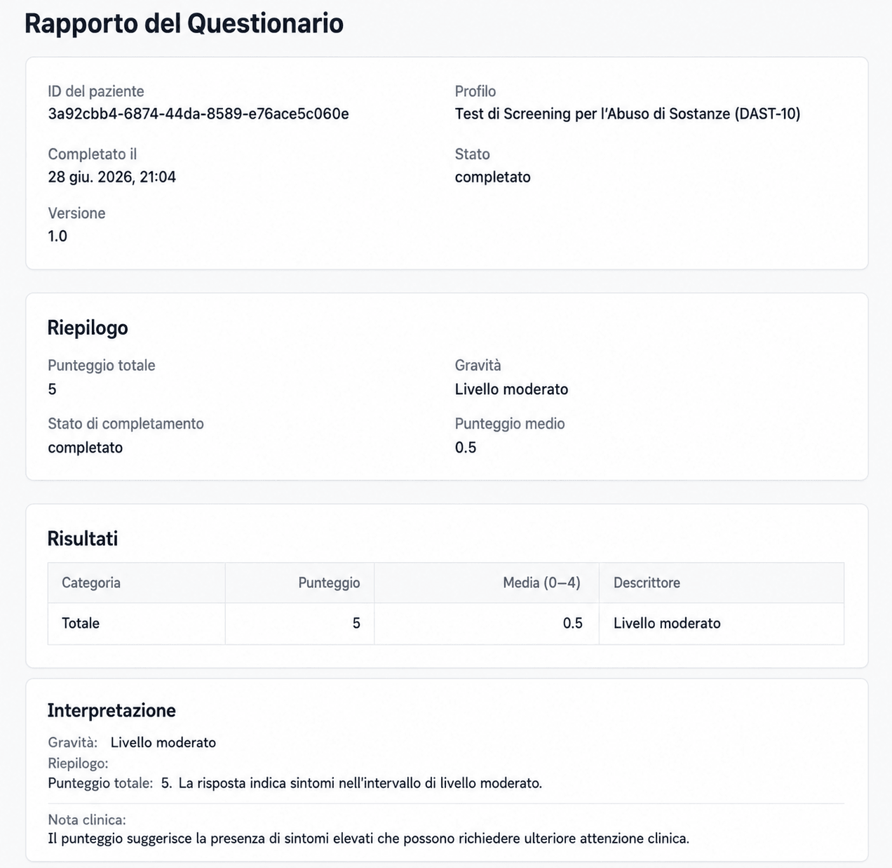 Report questionario AINuma con raccomandazioni IA accanto ai punteggi