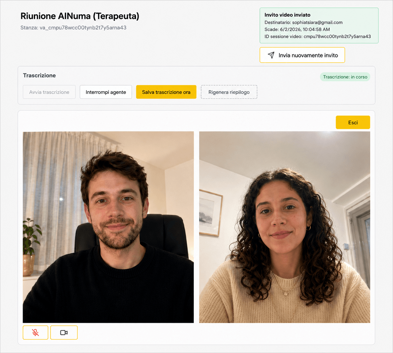 AINuma Meet video consultation with therapist and patient views, session controls, and live transcription