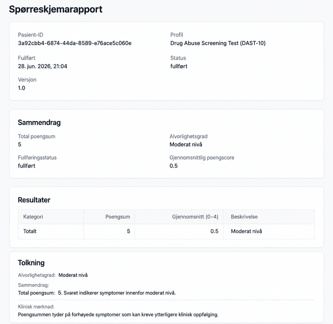 AINuma-spørreskjemarapport med KI-genererte anbefalinger ved siden av poeng
