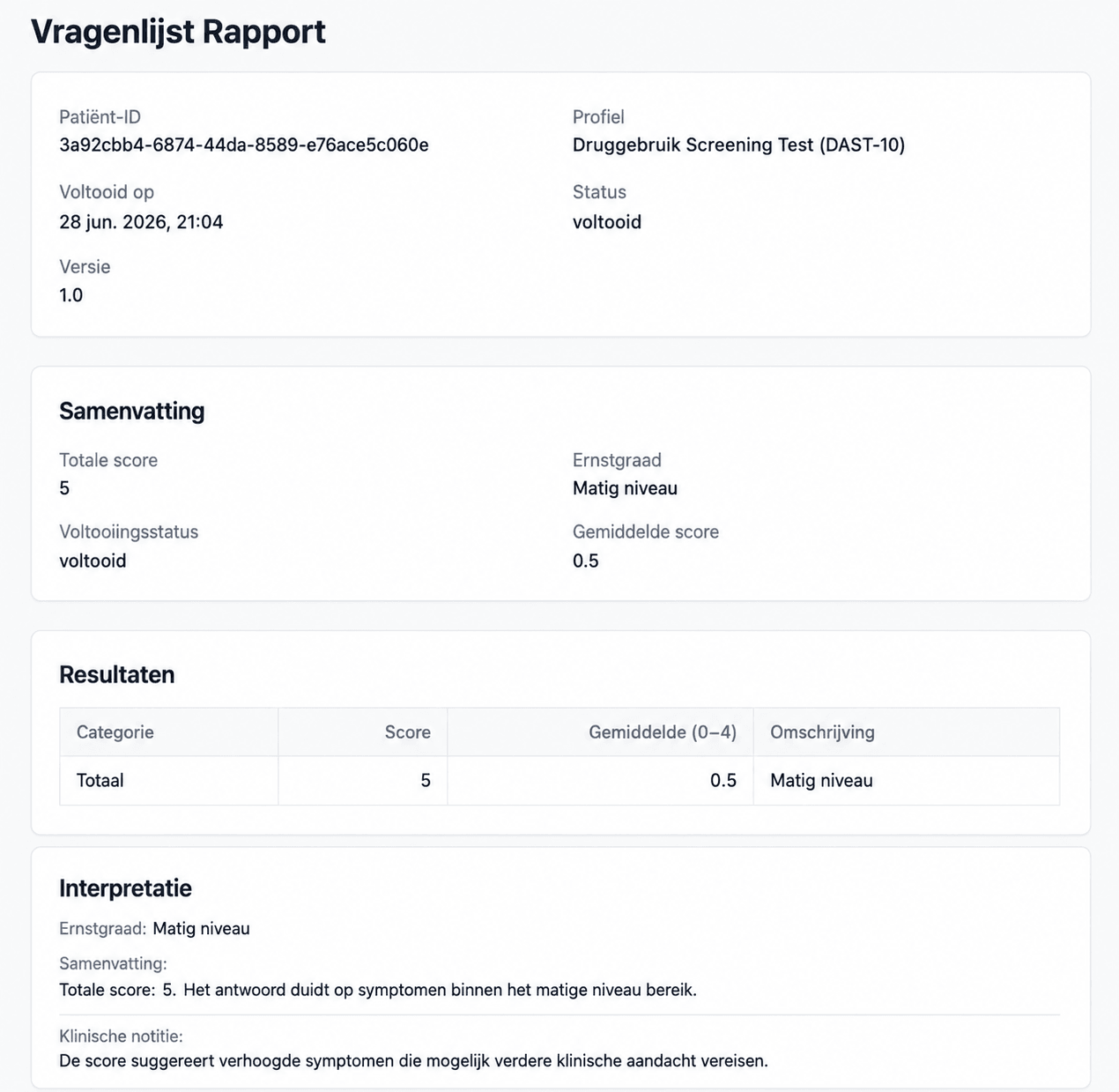 AINuma-vragenlijstrapport met AI-aanbevelingen naast scores
