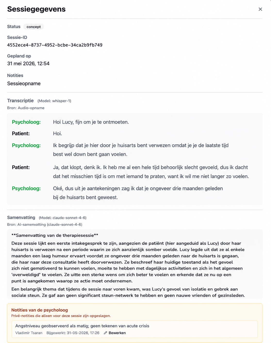 Exportopties voor sessiesamenvatting in de AINuma-interface