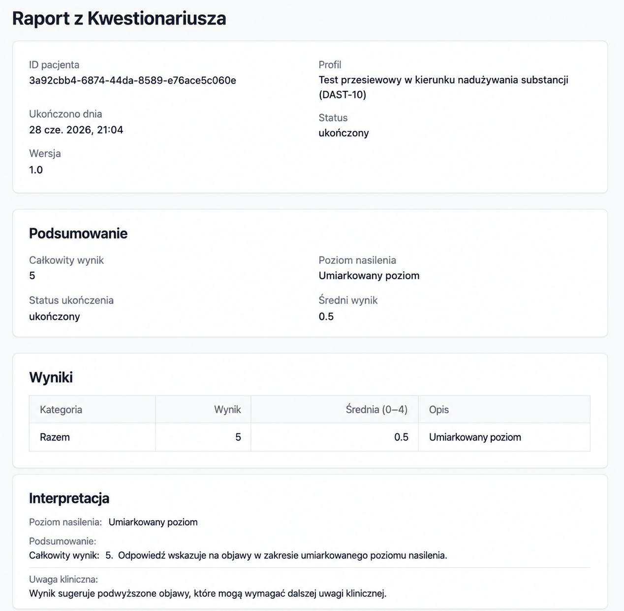 Raport kwestionariusza AINuma z rekomendacjami AI obok wyników
