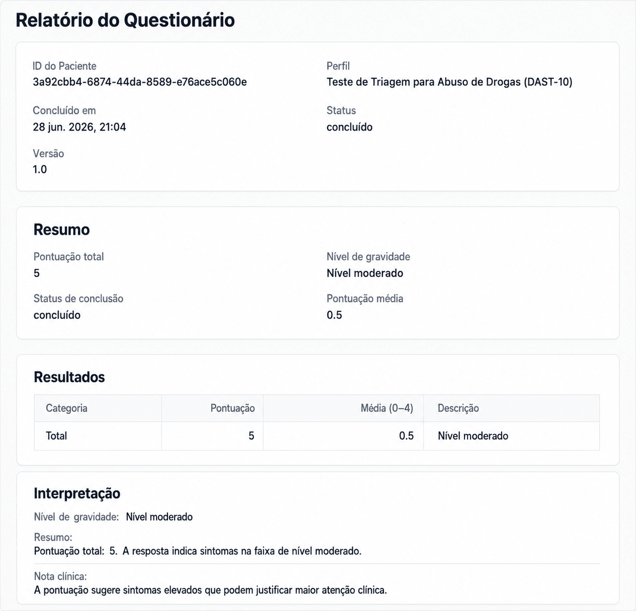 Relatório de questionário AINuma com recomendações geradas por IA junto às pontuações