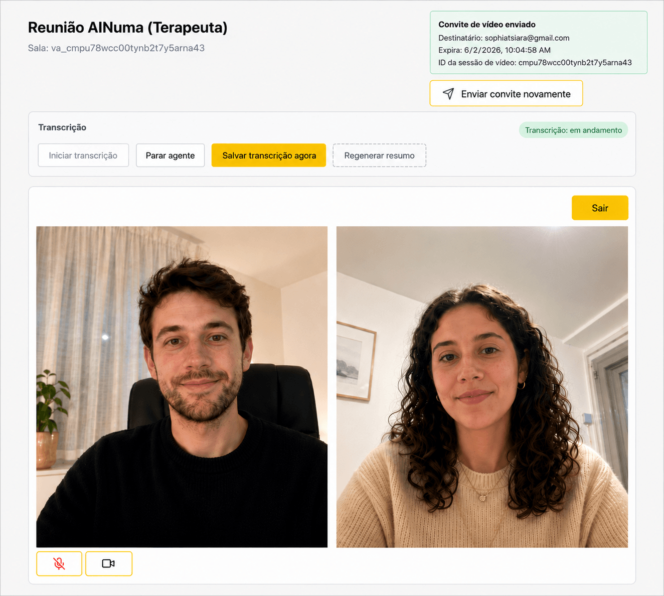 AINuma Meet video consultation with therapist and patient views, session controls, and live transcription