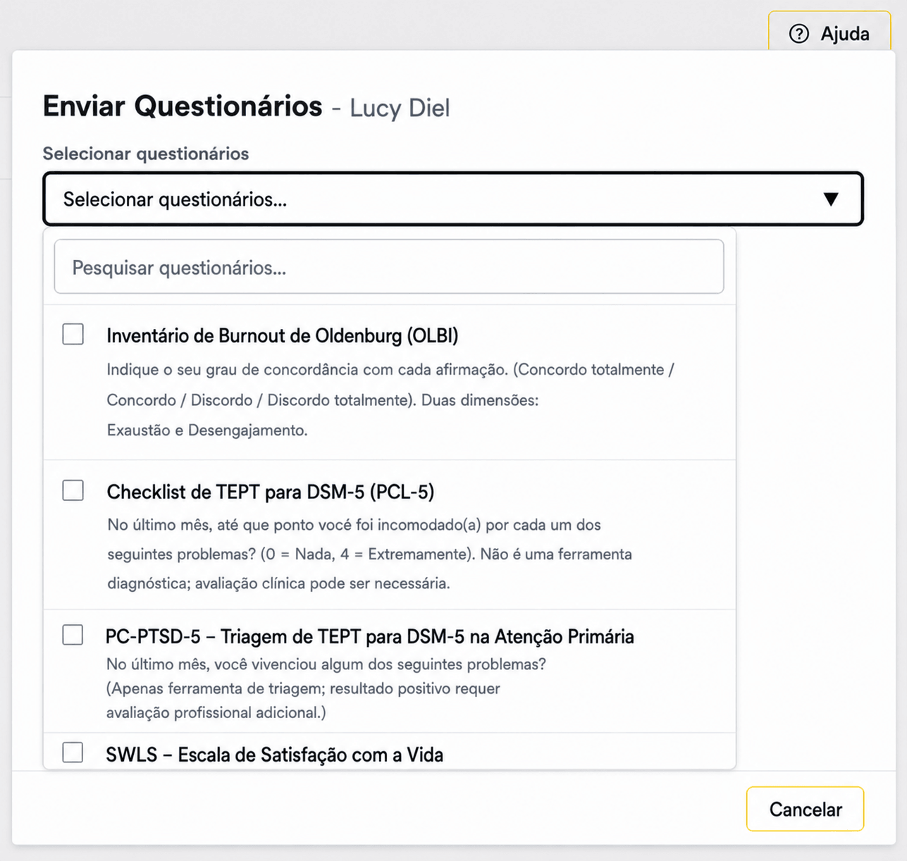 Questionários personalizados