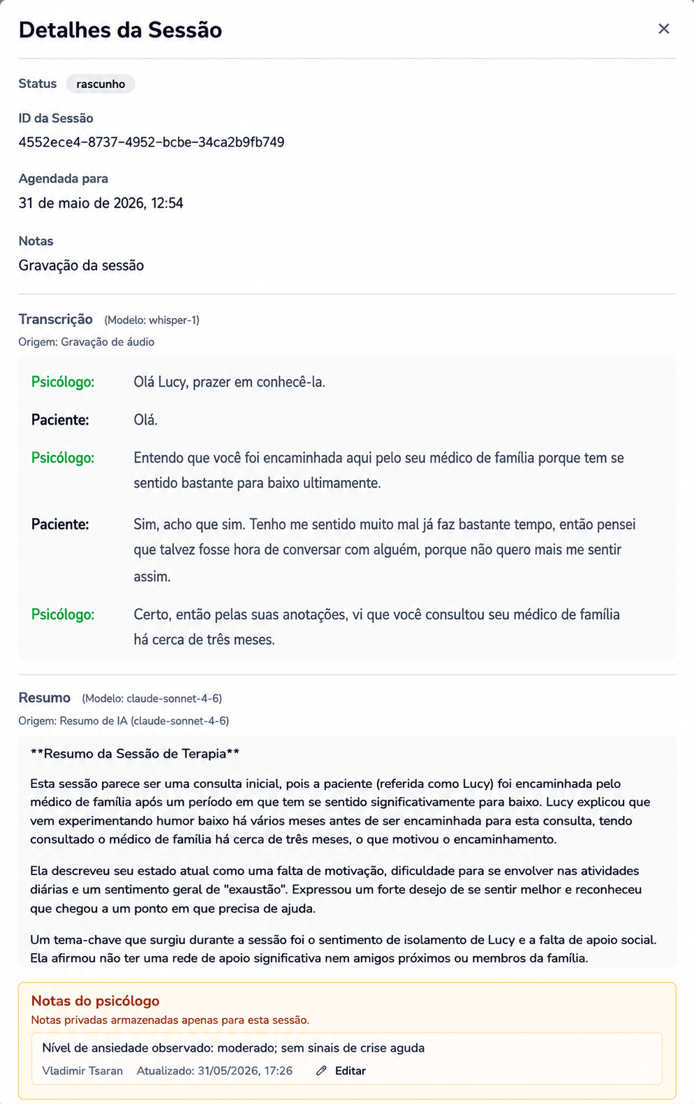 Opções de exportação do resumo da sessão na interface AINuma