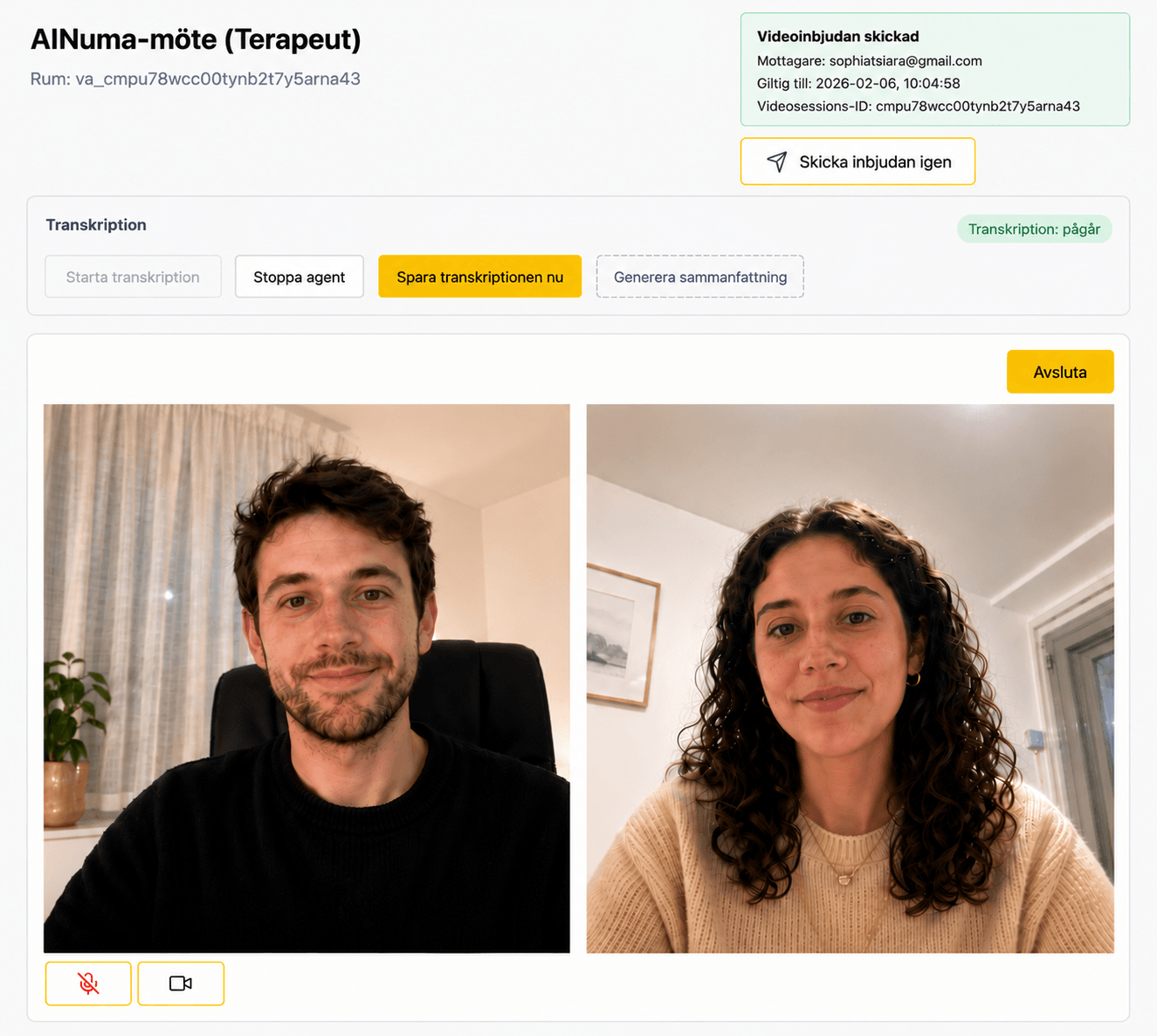 AINuma Meet video consultation with therapist and patient views, session controls, and live transcription