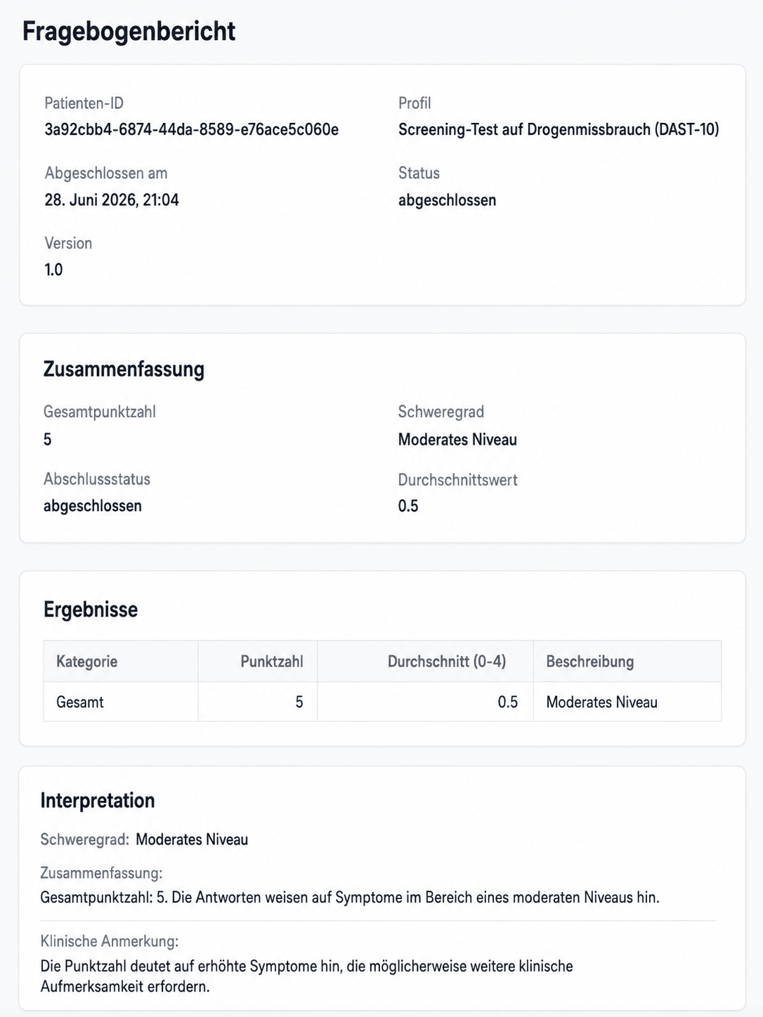 AINuma-Fragebogenbericht mit KI-Empfehlungen neben den Scores