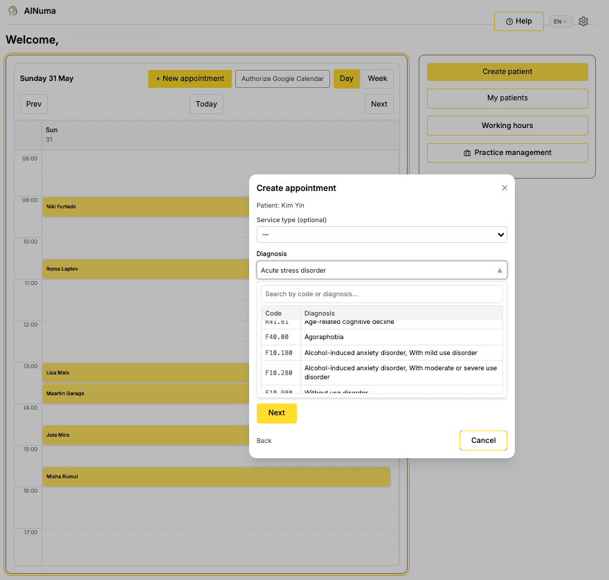 AINuma calendar and practice workflow scheduling view
