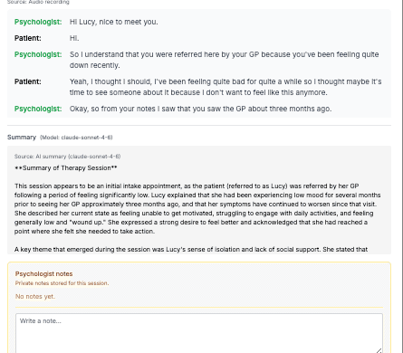 AINuma therapy session summary and note editor