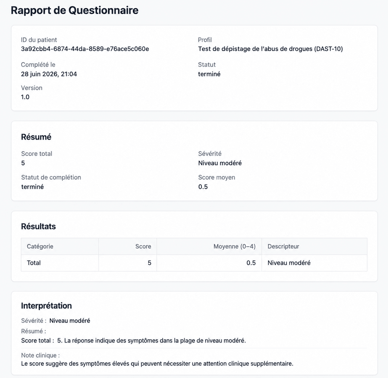 Rapport de questionnaire AINuma mettant en avant des recommandations IA à côté des scores